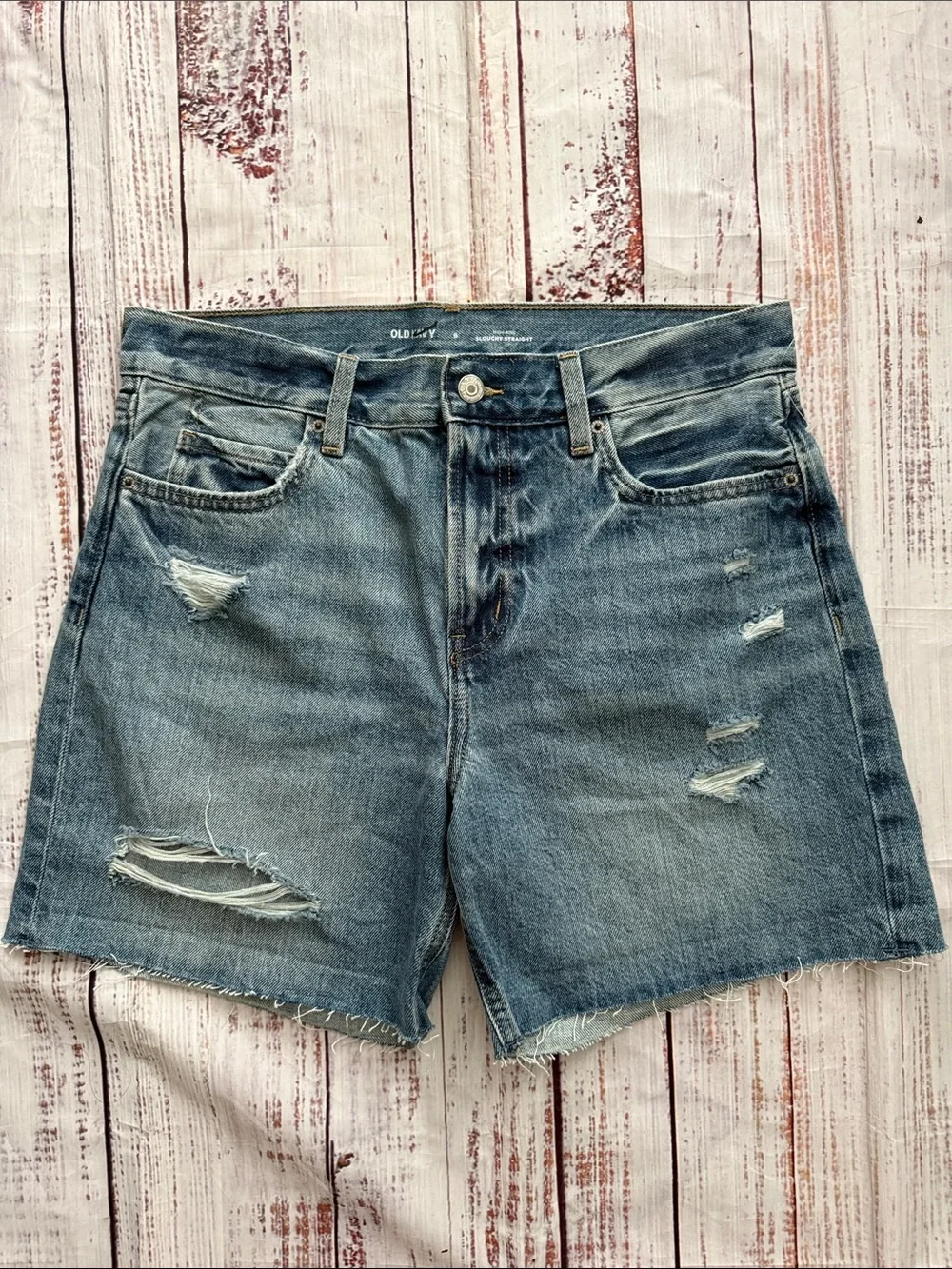 Old Navy High Rise Slouchy Straight Distressed Denim Long Cutoff Shorts 6 NWOT